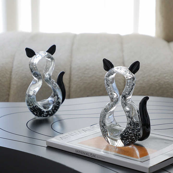 Flolenco Modern Handmade Glass Figurine Black Eared Cat Animal Ornament Decorative Glass Art Crafts for Birthday Wedding